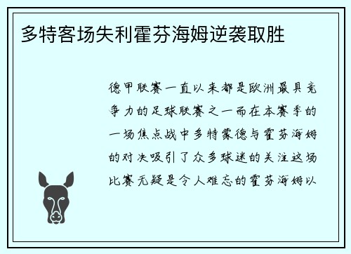多特客场失利霍芬海姆逆袭取胜